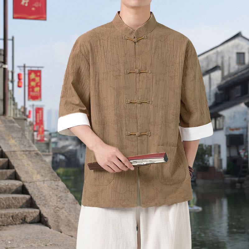 Nimara Ritual Summer Crane Pine Tree Pattern Tang Suit Men's Frog-Button Half Sleeve Cotton Shirt With Pockets