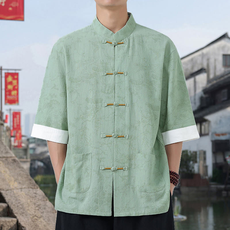 Nimara Ritual Summer Crane Pine Tree Pattern Tang Suit Men's Frog-Button Half Sleeve Cotton Shirt With Pockets