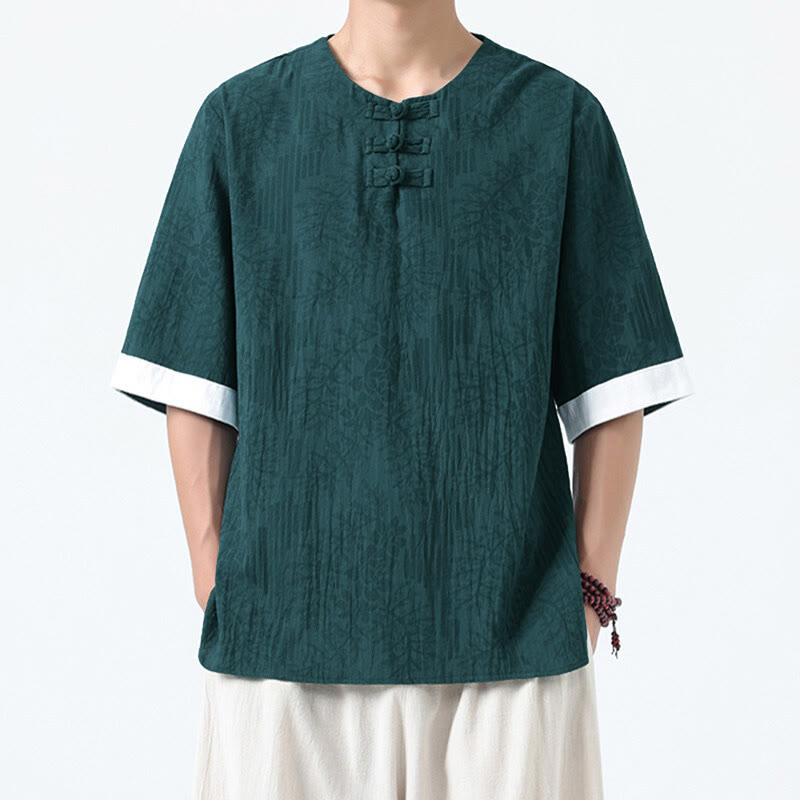 Nimara Ritual Summer Flowers Grass Pattern Tang Suit Men's Frog-Button Half Sleeve Cotton Shirt