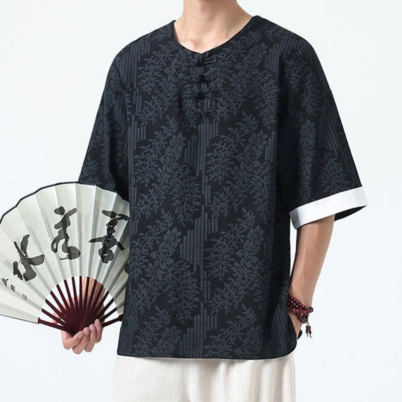 Nimara Ritual Summer Flowers Grass Pattern Tang Suit Men's Frog-Button Half Sleeve Cotton Shirt