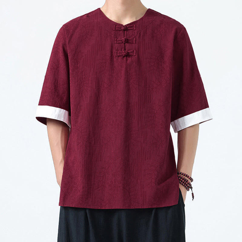 Nimara Ritual Summer Flowers Grass Pattern Tang Suit Men's Frog-Button Half Sleeve Cotton Shirt