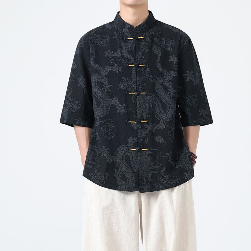 Nimara Ritual Summer Dragon Auspicious Clouds Pattern Tang Suit Men's Frog-Button Half Sleeve Cotton Shirt