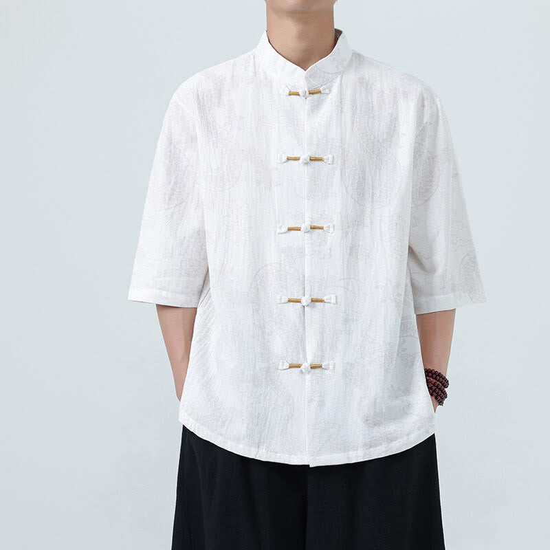 Nimara Ritual Summer Dragon Auspicious Clouds Pattern Tang Suit Men's Frog-Button Half Sleeve Cotton Shirt
