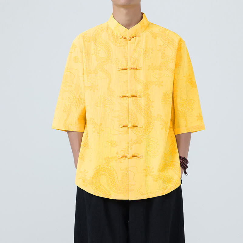 Nimara Ritual Summer Dragon Auspicious Clouds Pattern Tang Suit Men's Frog-Button Half Sleeve Cotton Shirt