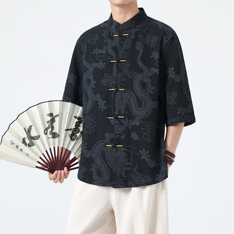 Nimara Ritual Summer Dragon Auspicious Clouds Pattern Tang Suit Men's Frog-Button Half Sleeve Cotton Shirt
