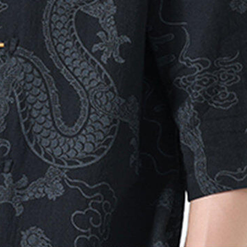 Nimara Ritual Summer Dragon Auspicious Clouds Pattern Tang Suit Men's Frog-Button Half Sleeve Cotton Shirt
