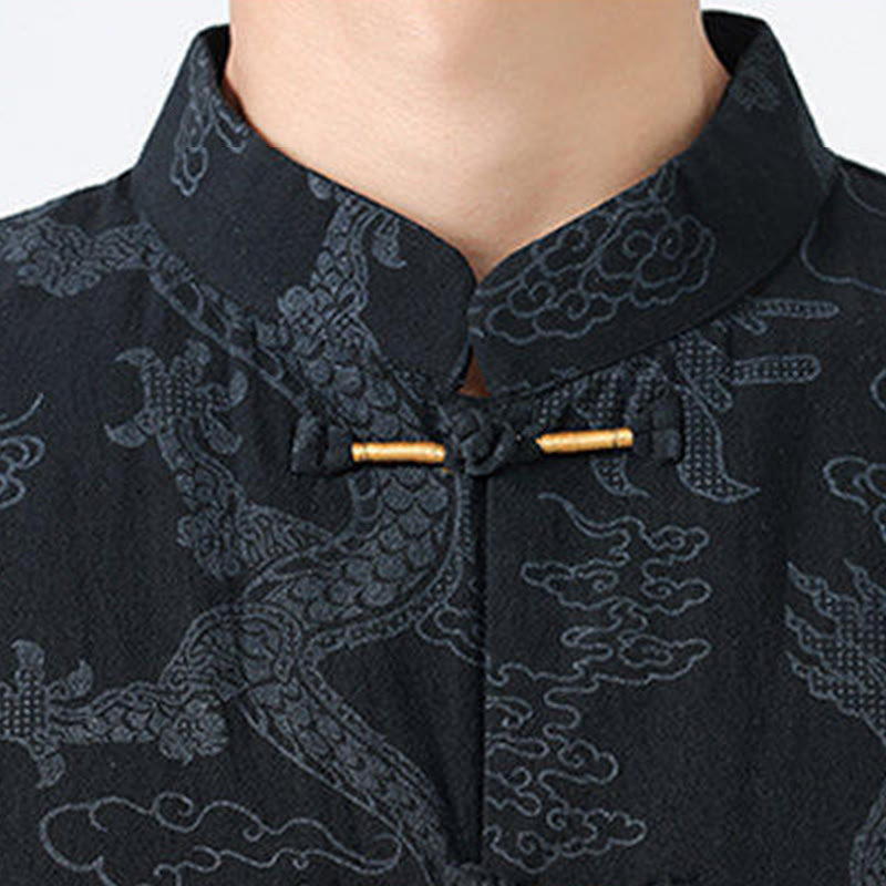 Nimara Ritual Summer Dragon Auspicious Clouds Pattern Tang Suit Men's Frog-Button Half Sleeve Cotton Shirt