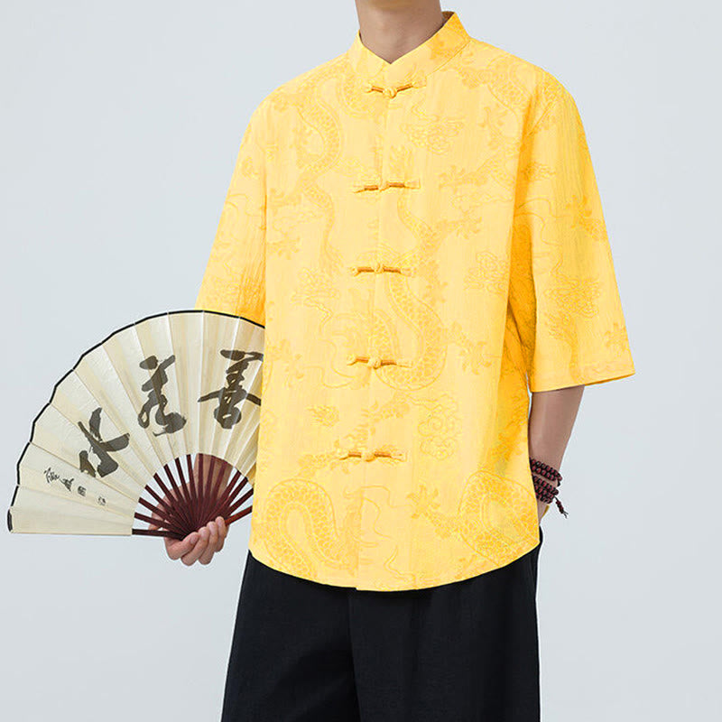 Nimara Ritual Summer Dragon Auspicious Clouds Pattern Tang Suit Men's Frog-Button Half Sleeve Cotton Shirt