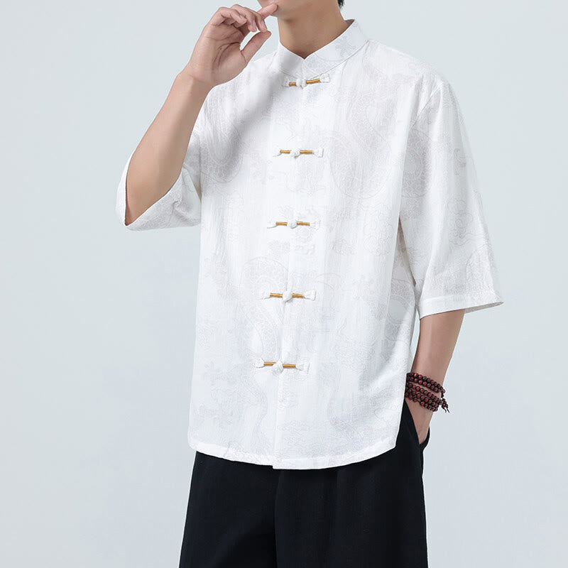 Nimara Ritual Summer Dragon Auspicious Clouds Pattern Tang Suit Men's Frog-Button Half Sleeve Cotton Shirt