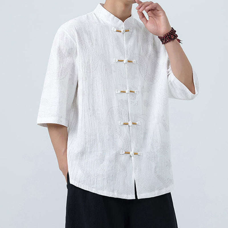 Nimara Ritual Summer Dragon Auspicious Clouds Pattern Tang Suit Men's Frog-Button Half Sleeve Cotton Shirt