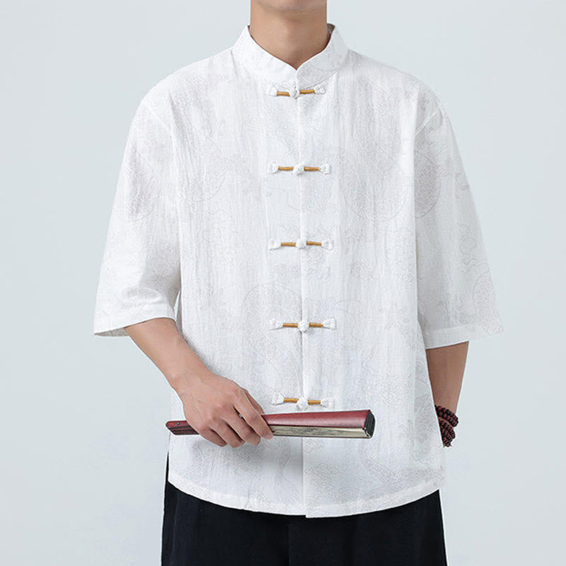 Nimara Ritual Summer Dragon Auspicious Clouds Pattern Tang Suit Men's Frog-Button Half Sleeve Cotton Shirt