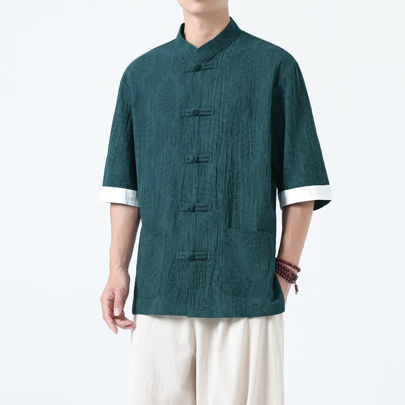 Nimara Ritual Summer Flowers Grass Pattern Tang Suit Men's Frog-Button Half Sleeve Cotton Shirt With Pockets