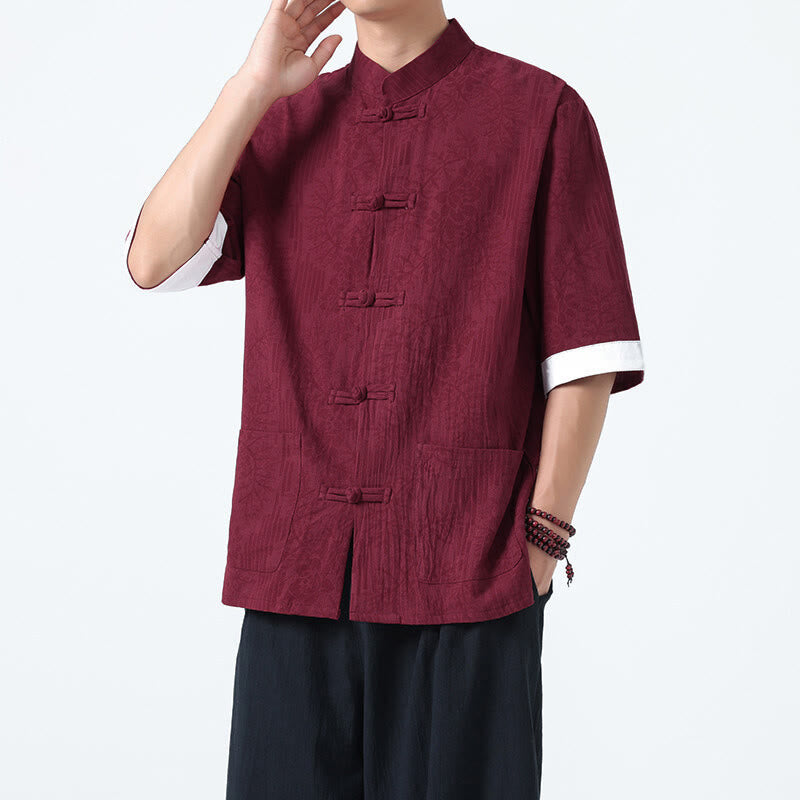 Nimara Ritual Summer Flowers Grass Pattern Tang Suit Men's Frog-Button Half Sleeve Cotton Shirt With Pockets
