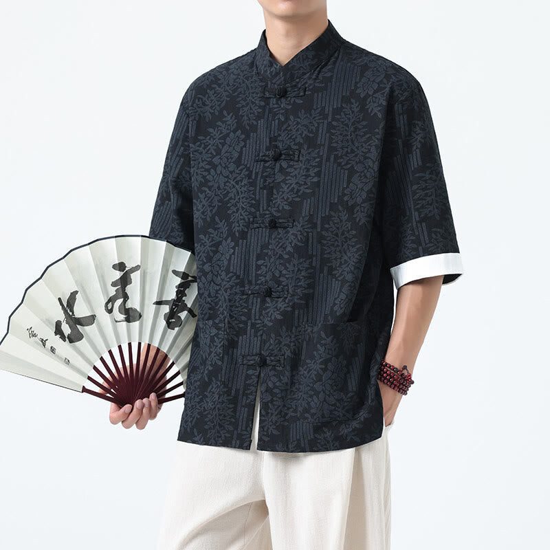 Nimara Ritual Summer Flowers Grass Pattern Tang Suit Men's Frog-Button Half Sleeve Cotton Shirt With Pockets