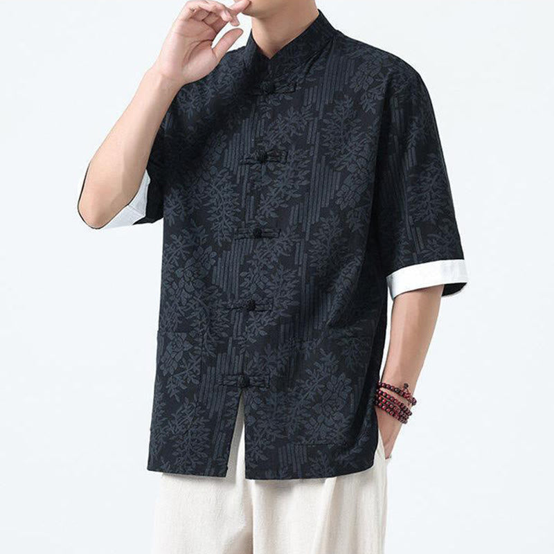 Nimara Ritual Summer Flowers Grass Pattern Tang Suit Men's Frog-Button Half Sleeve Cotton Shirt With Pockets