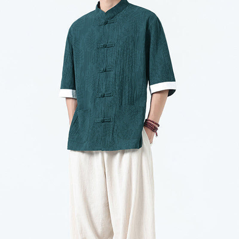 Nimara Ritual Summer Flowers Grass Pattern Tang Suit Men's Frog-Button Half Sleeve Cotton Shirt With Pockets