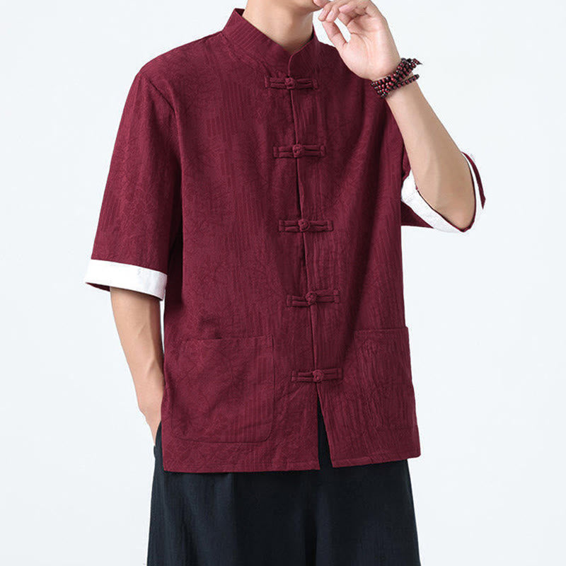 Nimara Ritual Summer Flowers Grass Pattern Tang Suit Men's Frog-Button Half Sleeve Cotton Shirt With Pockets