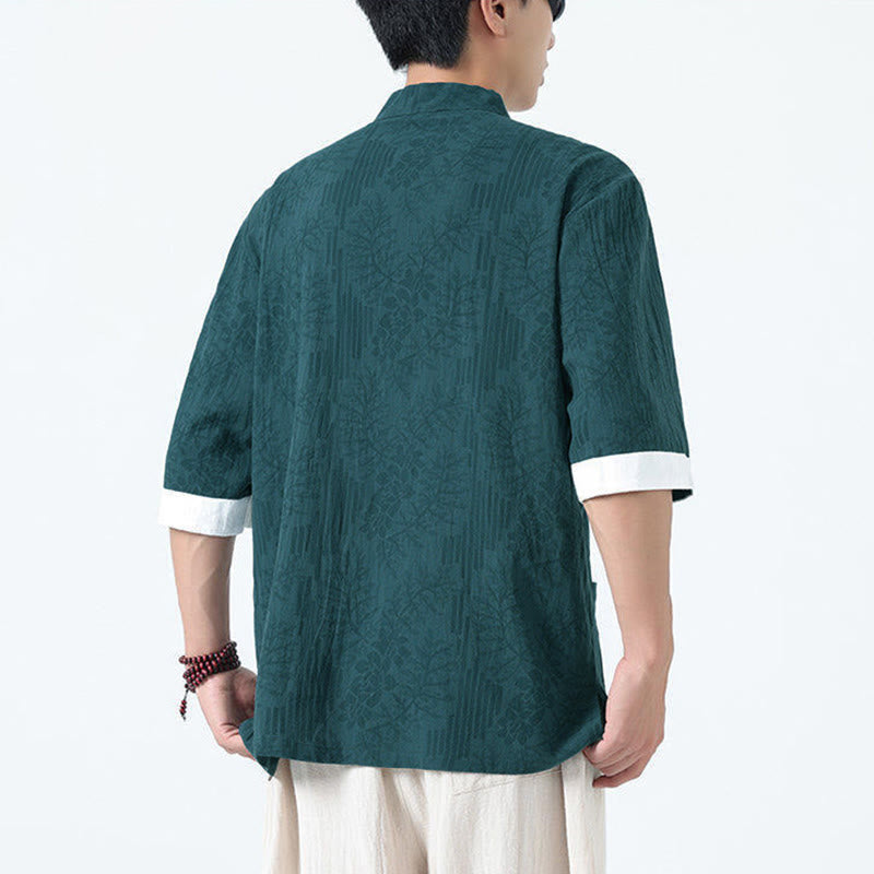Nimara Ritual Summer Flowers Grass Pattern Tang Suit Men's Frog-Button Half Sleeve Cotton Shirt With Pockets