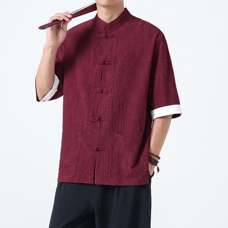 Nimara Ritual Summer Flowers Grass Pattern Tang Suit Men's Frog-Button Half Sleeve Cotton Shirt With Pockets