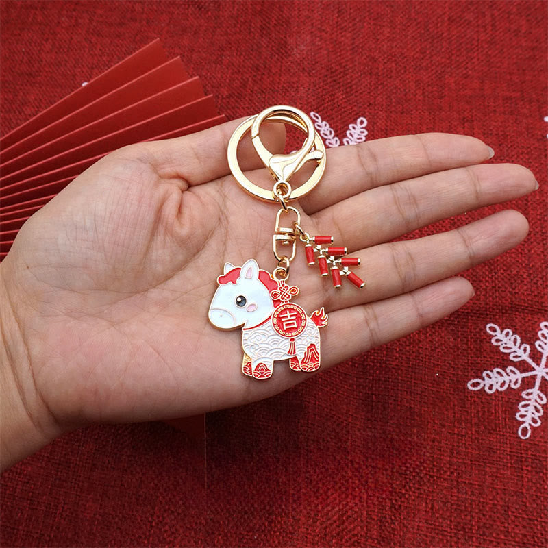 Nimara Ritual "Hoping You Have a Joyful Year" Year of the Horse Ingot Red Firecrackers Alloy Key Chain Includes Gift Message Card