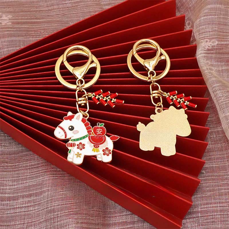 Nimara Ritual "Hoping You Have a Joyful Year" Year of the Horse Ingot Red Firecrackers Alloy Key Chain Includes Gift Message Card