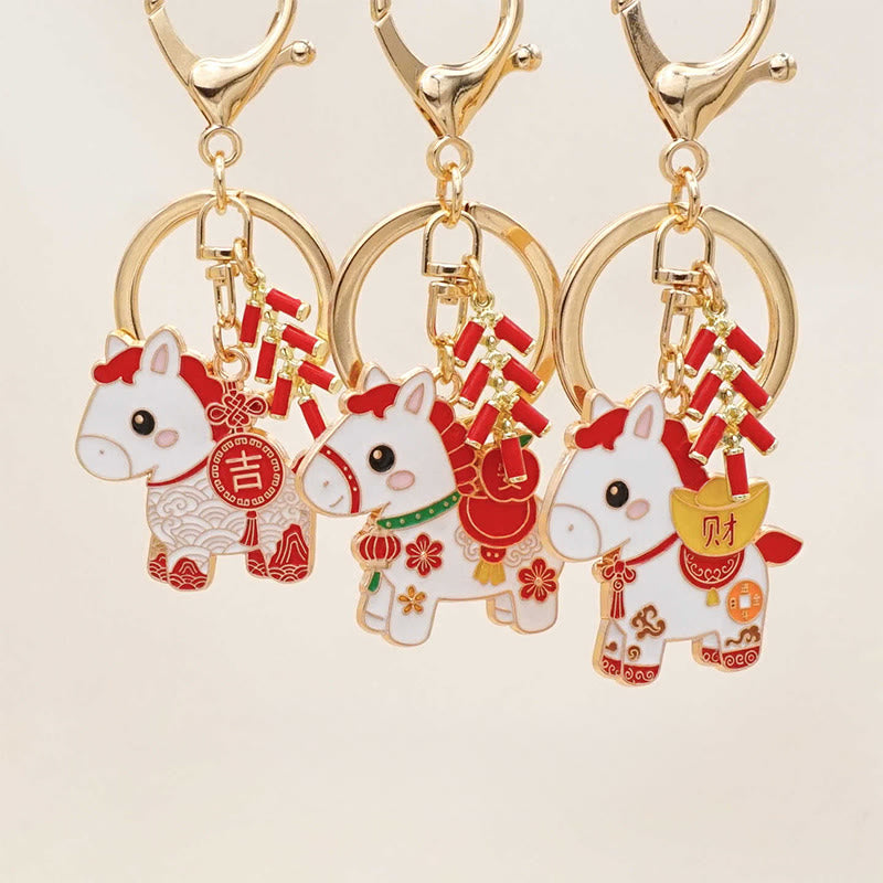 Nimara Ritual "Hoping You Have a Joyful Year" Year of the Horse Ingot Red Firecrackers Alloy Key Chain Includes Gift Message Card