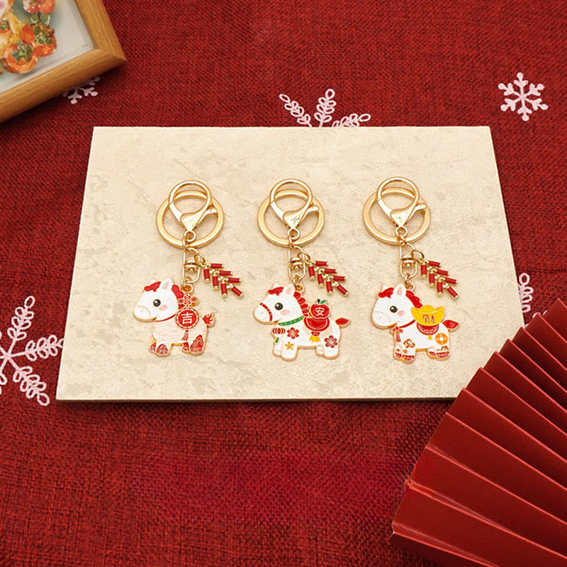 Nimara Ritual "Hoping You Have a Joyful Year" Year of the Horse Ingot Red Firecrackers Alloy Key Chain Includes Gift Message Card