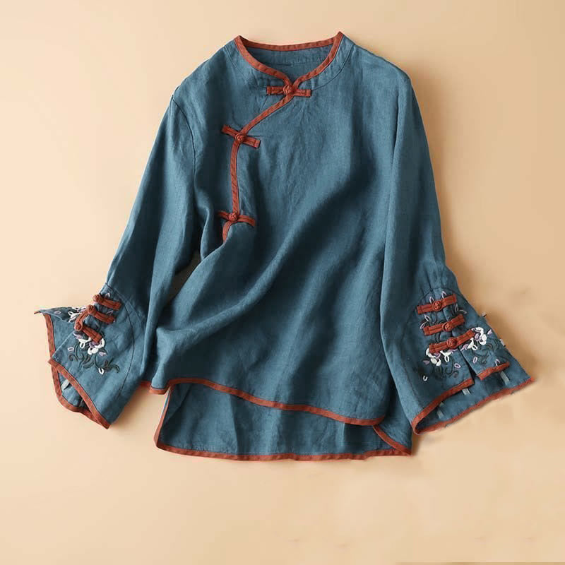 Nimara Ritual Retro Flower Embroidery Design Long Sleeve Women's Shirt