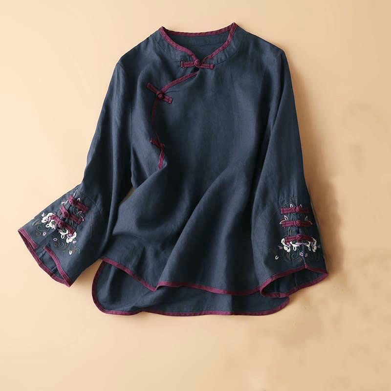 Nimara Ritual Retro Flower Embroidery Design Long Sleeve Women's Shirt