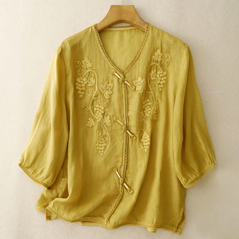 Nimara Ritual Embroidered Grapes Pattern Lace Design Frog-Button Three Quarter Sleeve Women's Cotton Shirt