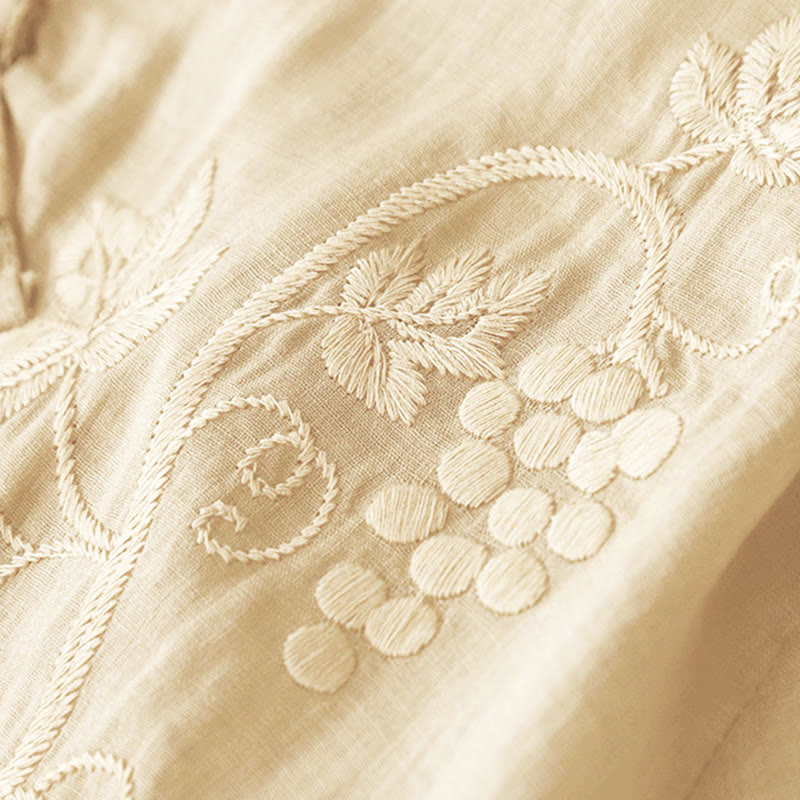 Nimara Ritual Embroidered Grapes Pattern Lace Design Frog-Button Three Quarter Sleeve Women's Cotton Shirt