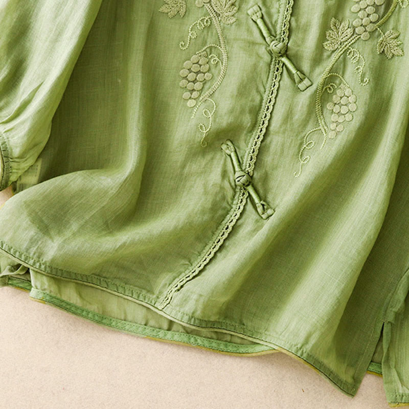 Nimara Ritual Embroidered Grapes Pattern Lace Design Frog-Button Three Quarter Sleeve Women's Cotton Shirt