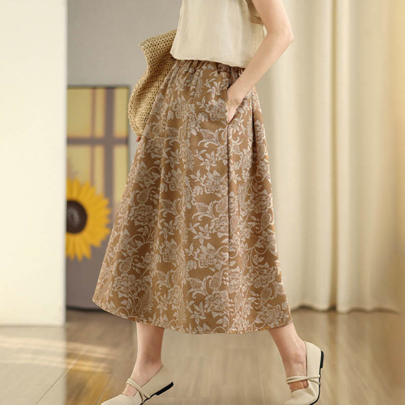 Nimara Ritual Printing Flower Paisley Pattern A-line Elastic Waist Women's Skirt With Pockets