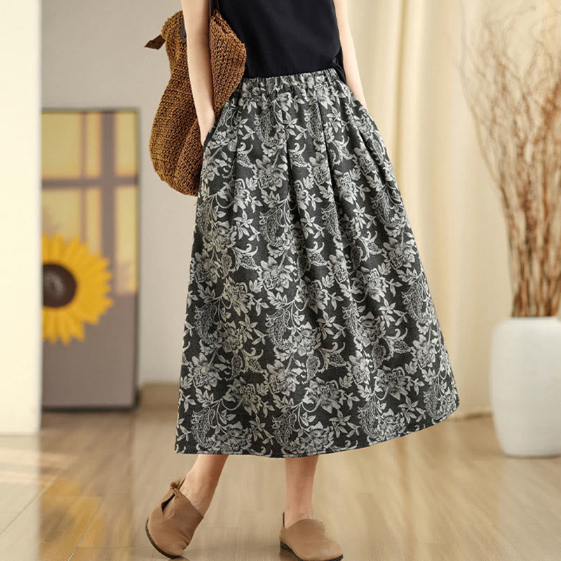 Nimara Ritual Printing Flower Paisley Pattern A-line Elastic Waist Women's Skirt With Pockets