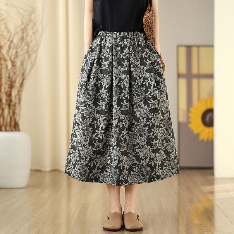 Nimara Ritual Printing Flower Paisley Pattern A-line Elastic Waist Women's Skirt With Pockets