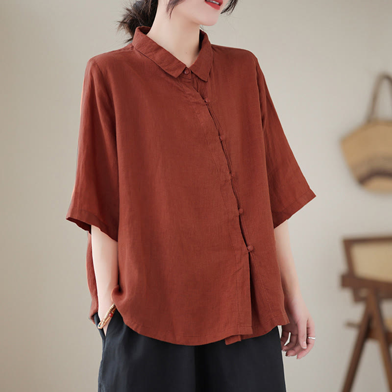 Nimara Ritual Lapel Frog-Button Diagonal Placket Design Three Quarter Sleeve Women's Cotton Shirt