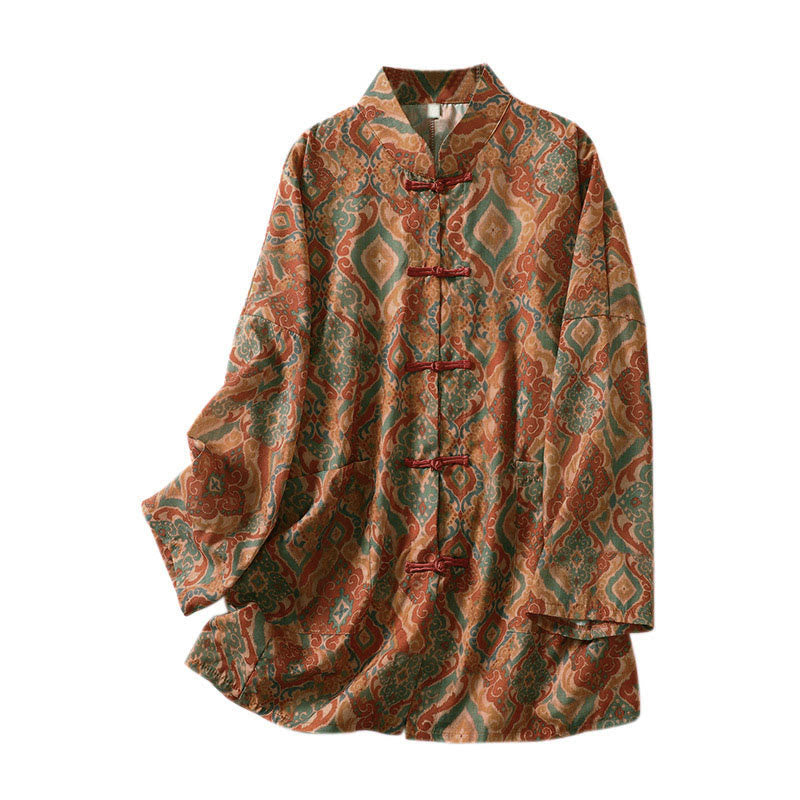 Nimara Ritual Printing Chinese Frog-Button Long Sleeve Stand Collar Women's Shirt With Pockets