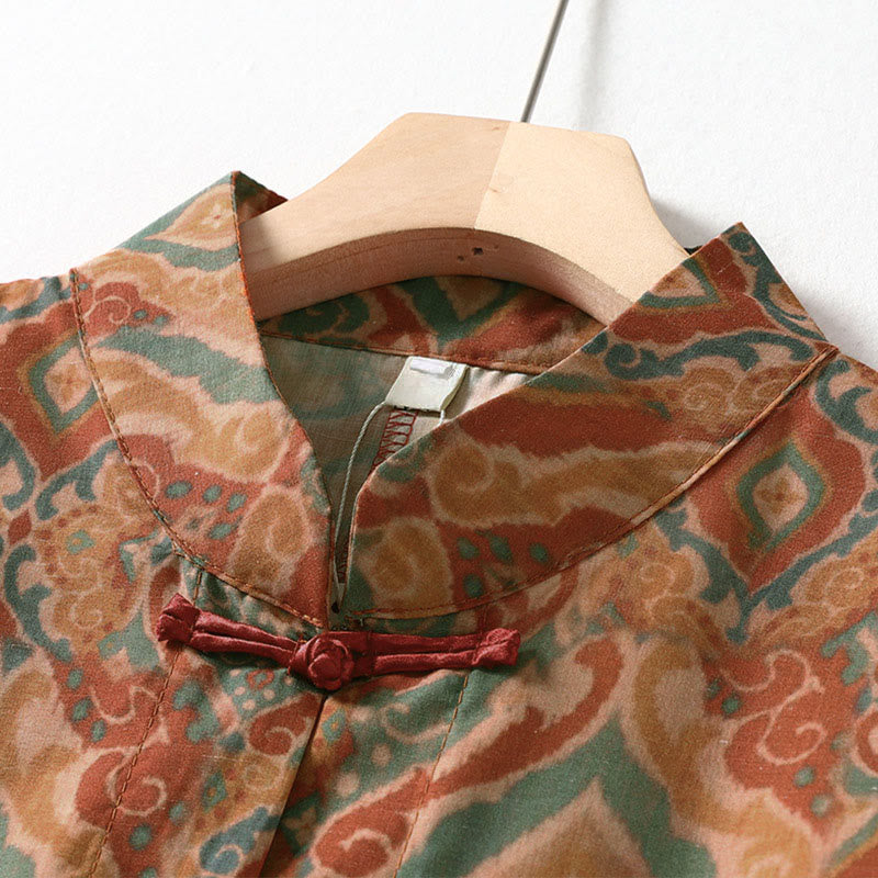 Nimara Ritual Printing Chinese Frog-Button Long Sleeve Stand Collar Women's Shirt With Pockets