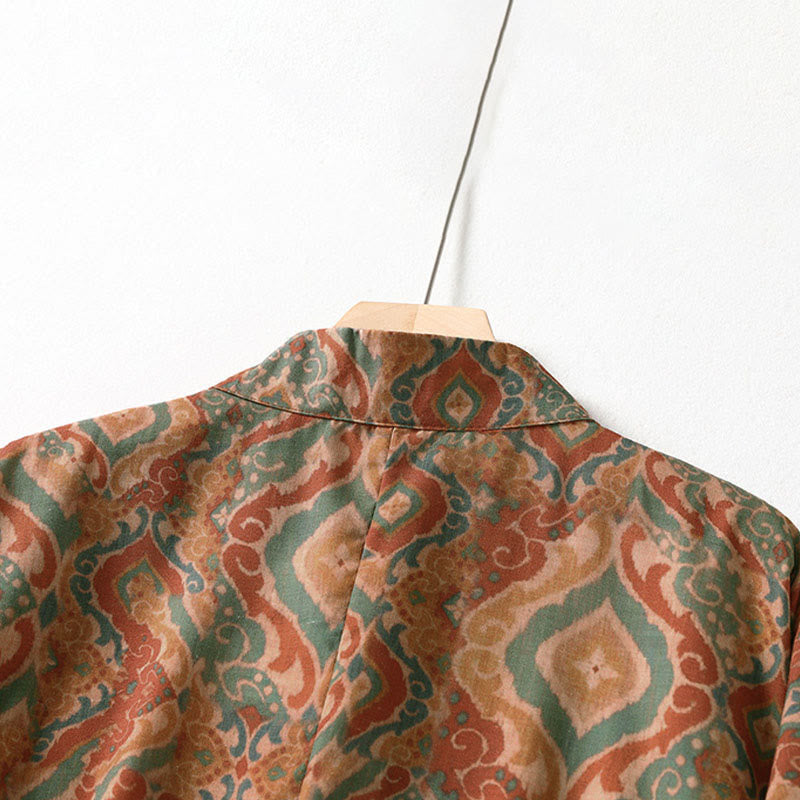 Nimara Ritual Printing Chinese Frog-Button Long Sleeve Stand Collar Women's Shirt With Pockets