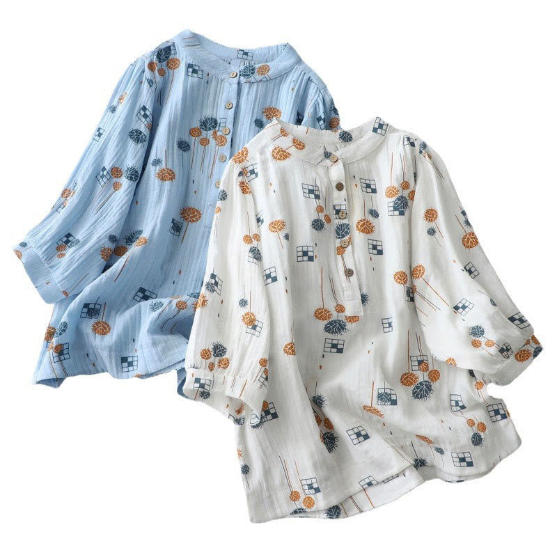 Nimara Ritual Printed Half Button DesignThree Quarter Gathered Sleeve Women's Cotton Shirt