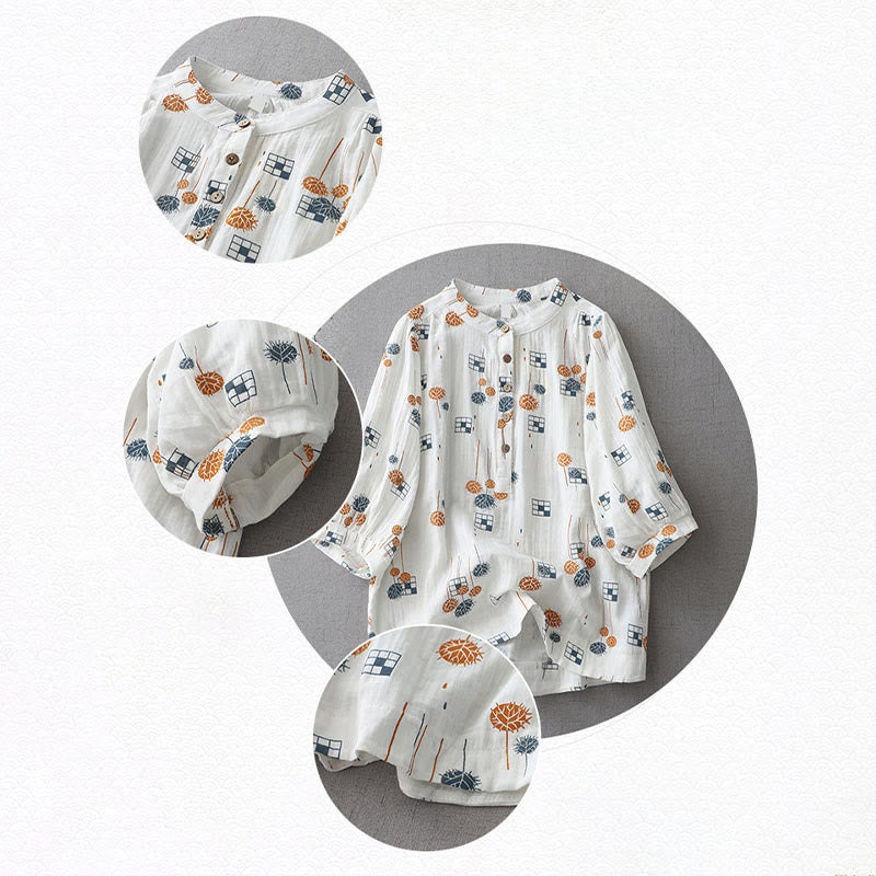 Nimara Ritual Printed Half Button DesignThree Quarter Gathered Sleeve Women's Cotton Shirt