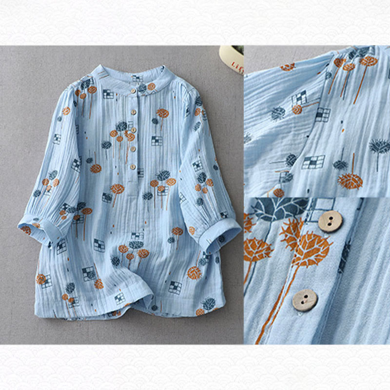 Nimara Ritual Printed Half Button DesignThree Quarter Gathered Sleeve Women's Cotton Shirt
