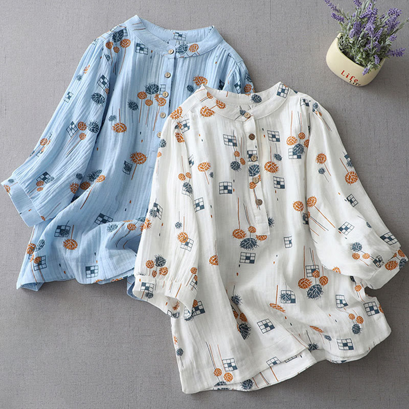 Nimara Ritual Printed Half Button DesignThree Quarter Gathered Sleeve Women's Cotton Shirt