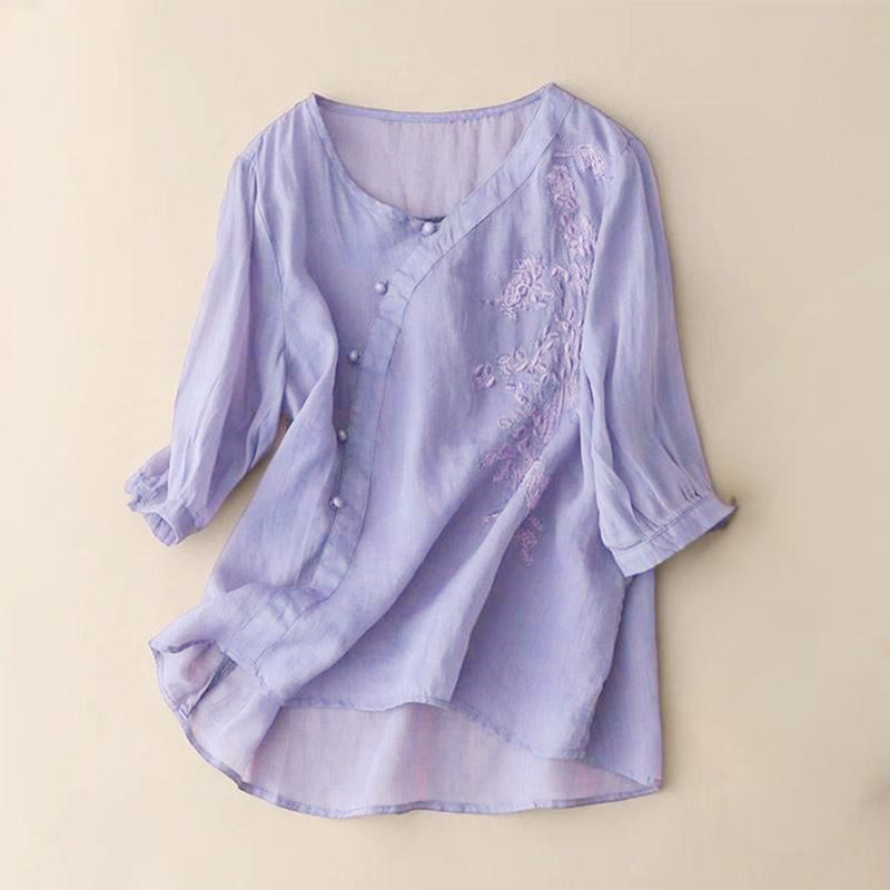 Nimara Ritual Casual Loose Flower Embroidery Frog Button Short Sleeve Women's Shirt