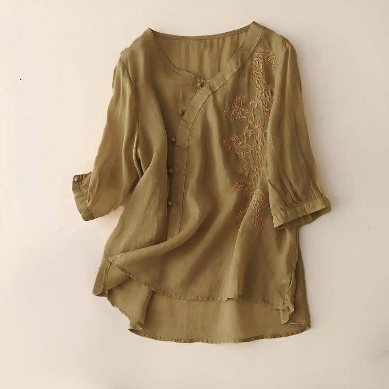 Nimara Ritual Casual Loose Flower Embroidery Frog Button Short Sleeve Women's Shirt