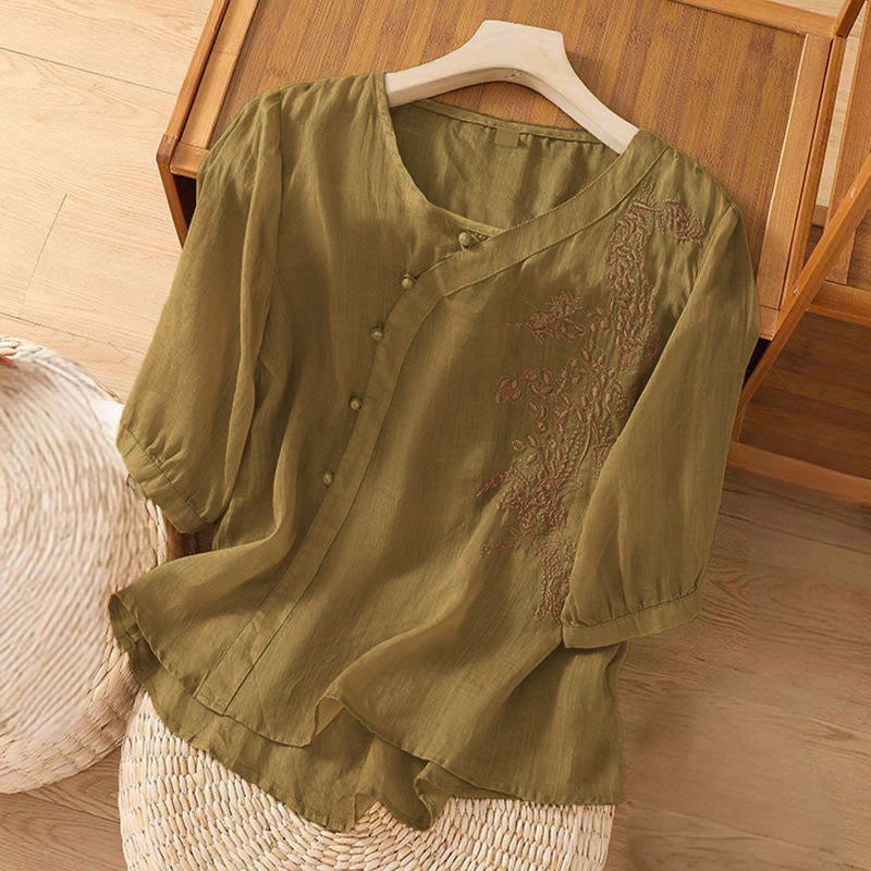 Nimara Ritual Casual Loose Flower Embroidery Frog Button Short Sleeve Women's Shirt