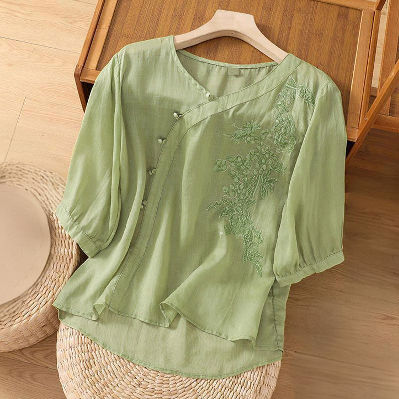 Nimara Ritual Casual Loose Flower Embroidery Frog Button Short Sleeve Women's Shirt