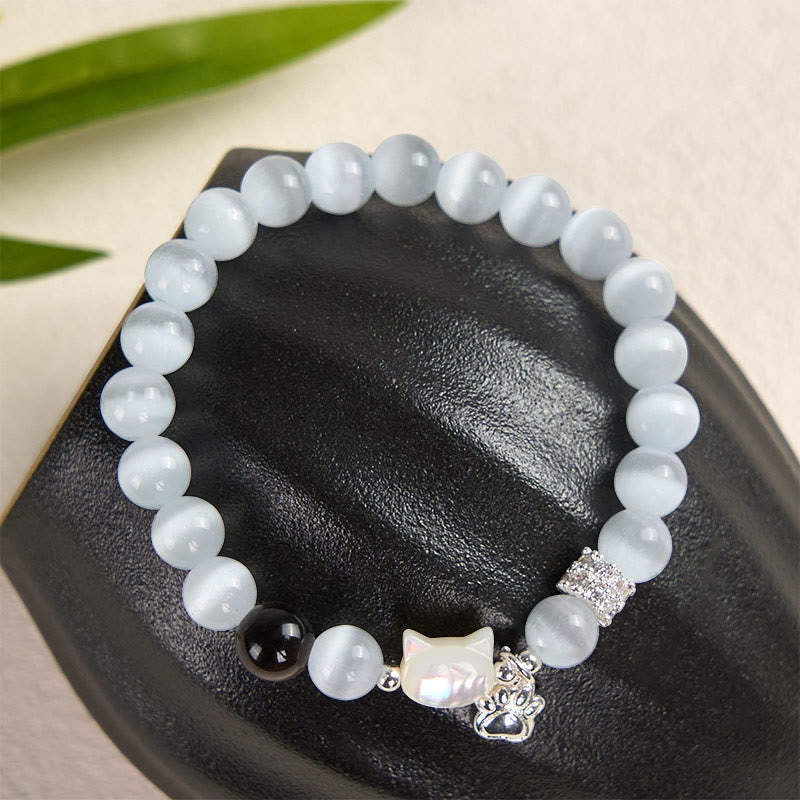 Nimara Ritual Cat Head White Cat's Eye Silver Sheen Obsidian Positive Bracelet