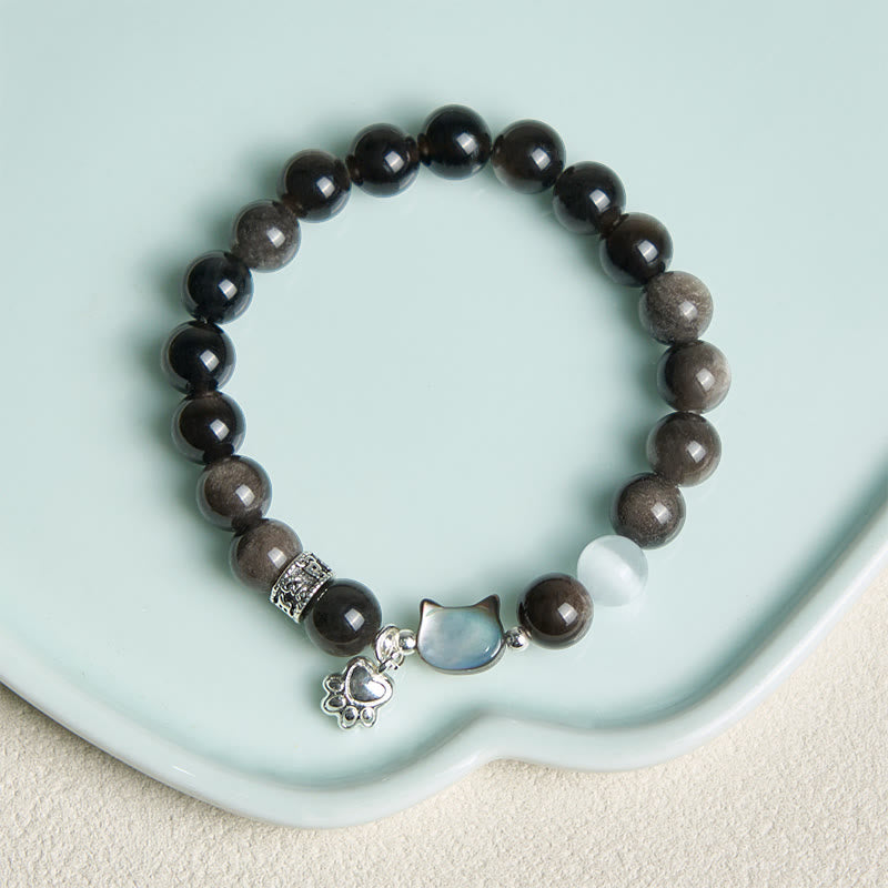 Nimara Ritual Cat Head White Cat's Eye Silver Sheen Obsidian Positive Bracelet