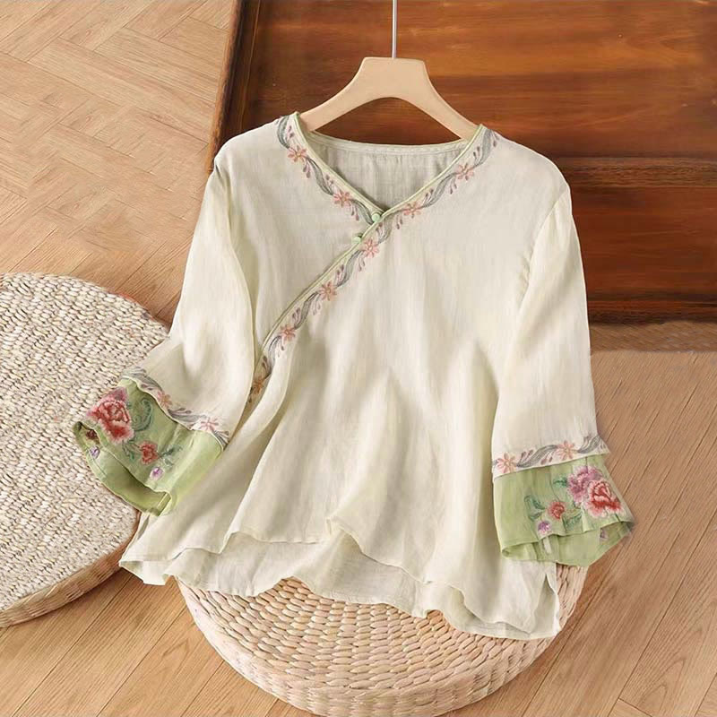 Nimara Ritual Stand Collar Embroidery Button Design Three Quarter Sleeve Women's Shirt